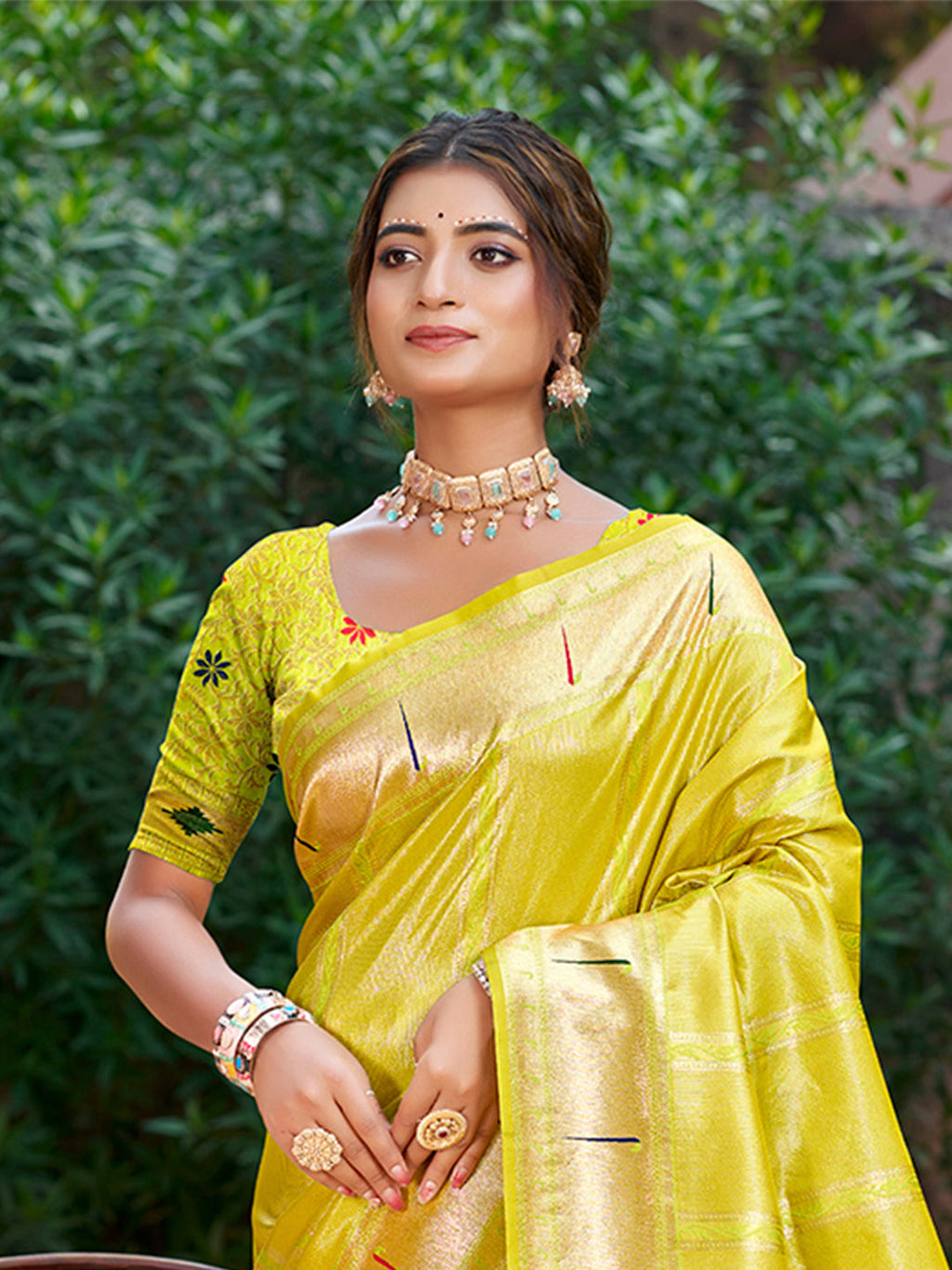 Sangam Prints Lemon Yellow Silk Woven Work Traditional Saree