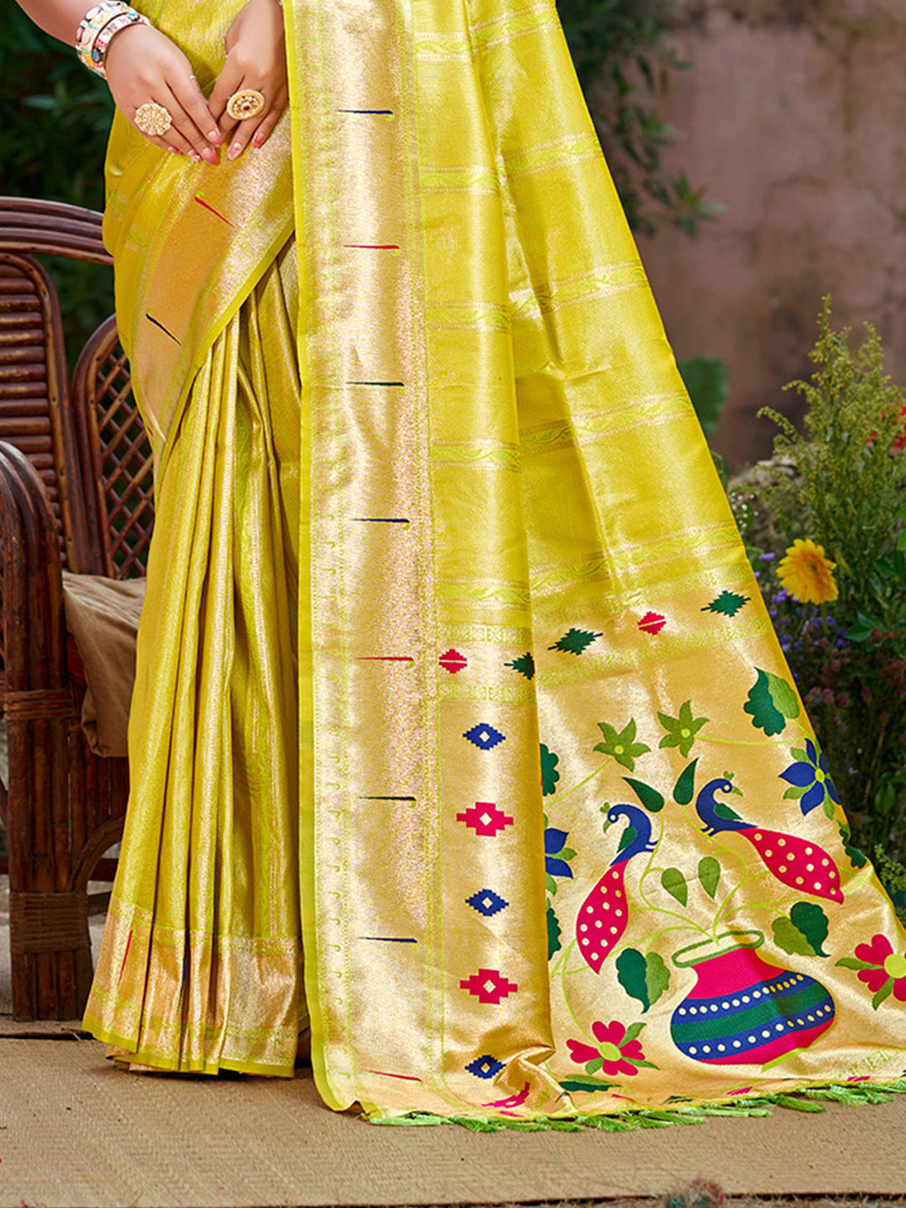 Sangam Prints Lemon Yellow Silk Woven Work Traditional Saree