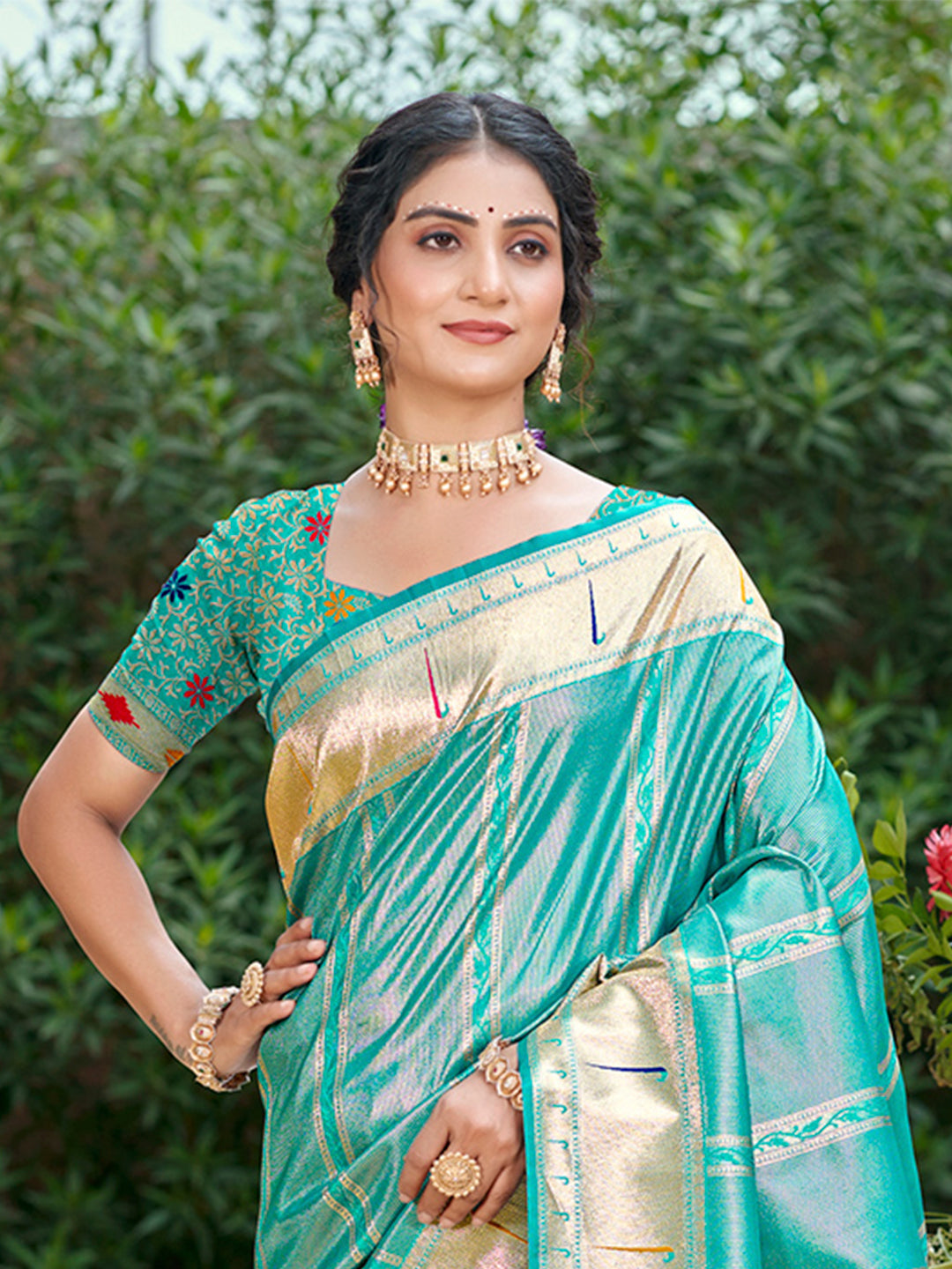 Sangam Prints Teal Blue Silk Woven Work Traditional Saree