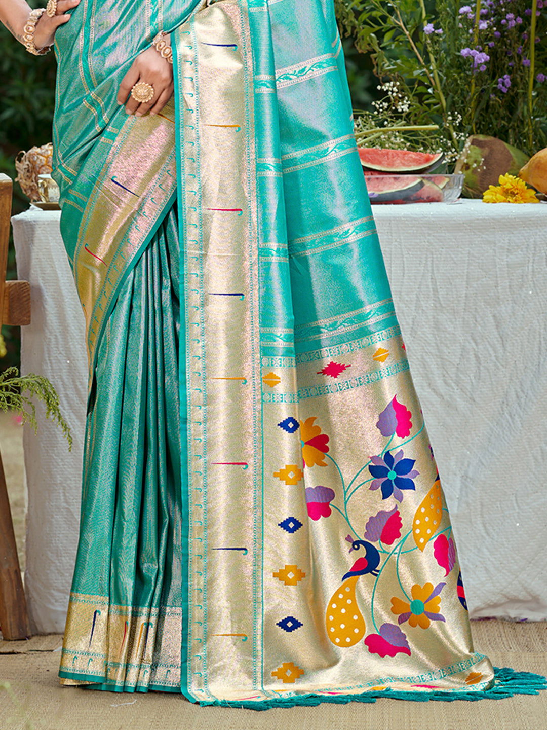 Sangam Prints Teal Blue Silk Woven Work Traditional Saree