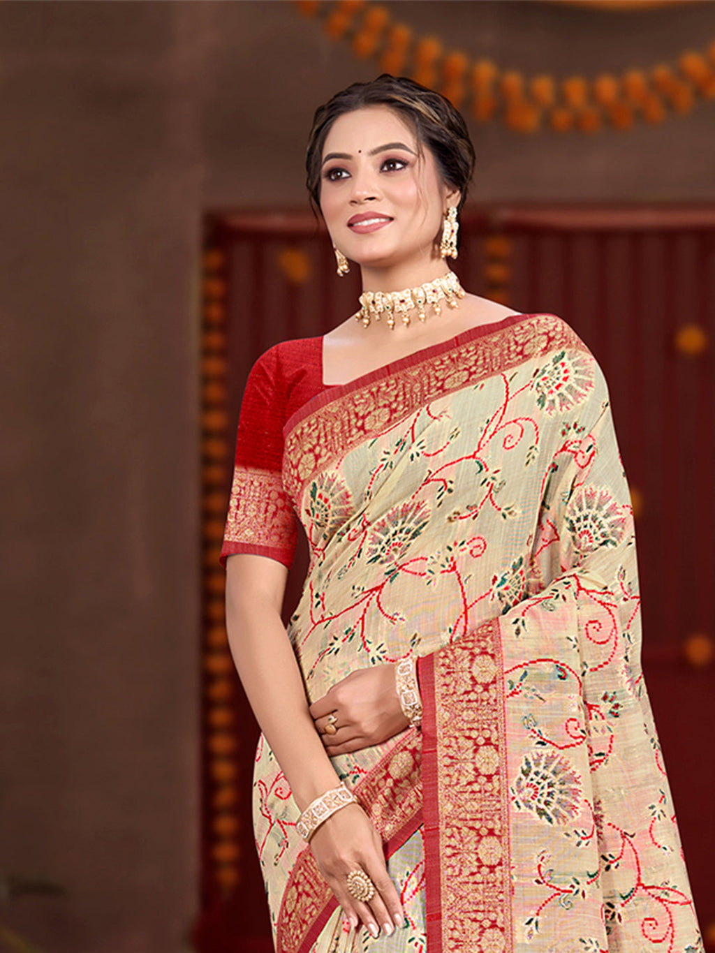 Sangam Prints Cream Cotton Silk With Meena Woven Work Traditional Saree