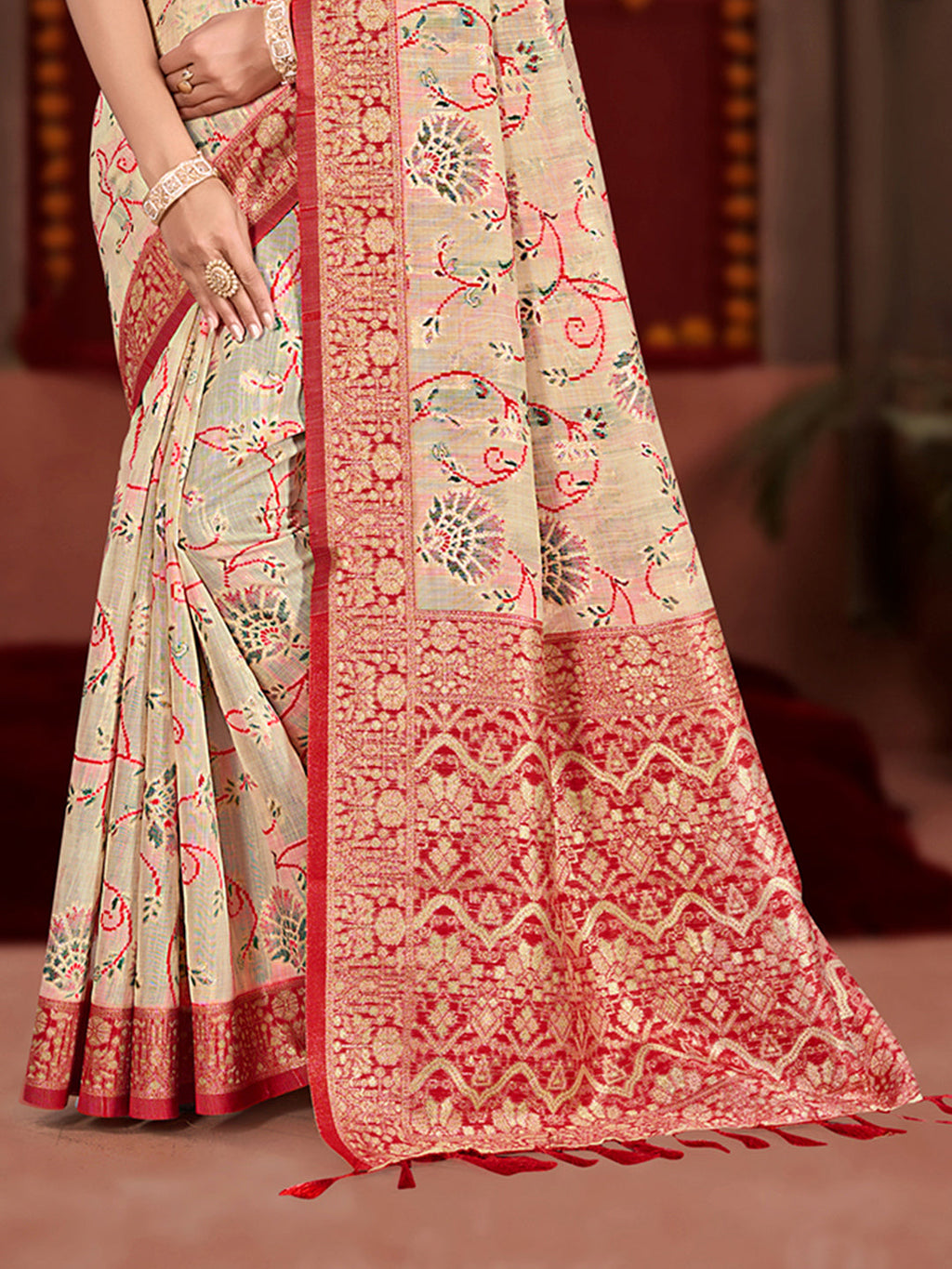 Sangam Prints Cream Cotton Silk With Meena Woven Work Traditional Saree