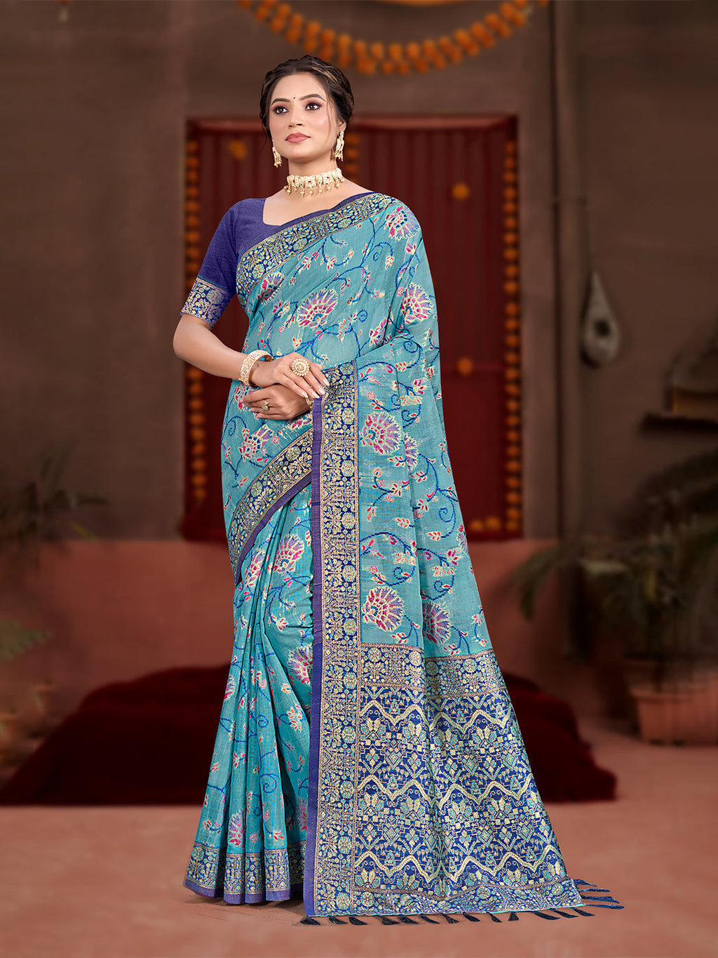 Sangam Prints Sky Blue Cotton Silk With Meena Woven Work Traditional Saree