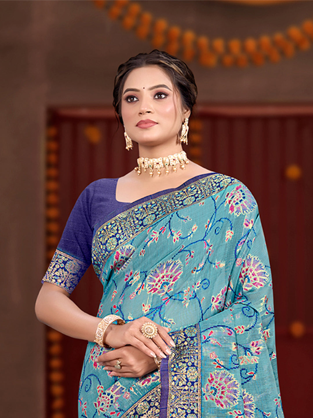 Sangam Prints Sky Blue Cotton Silk With Meena Woven Work Traditional Saree