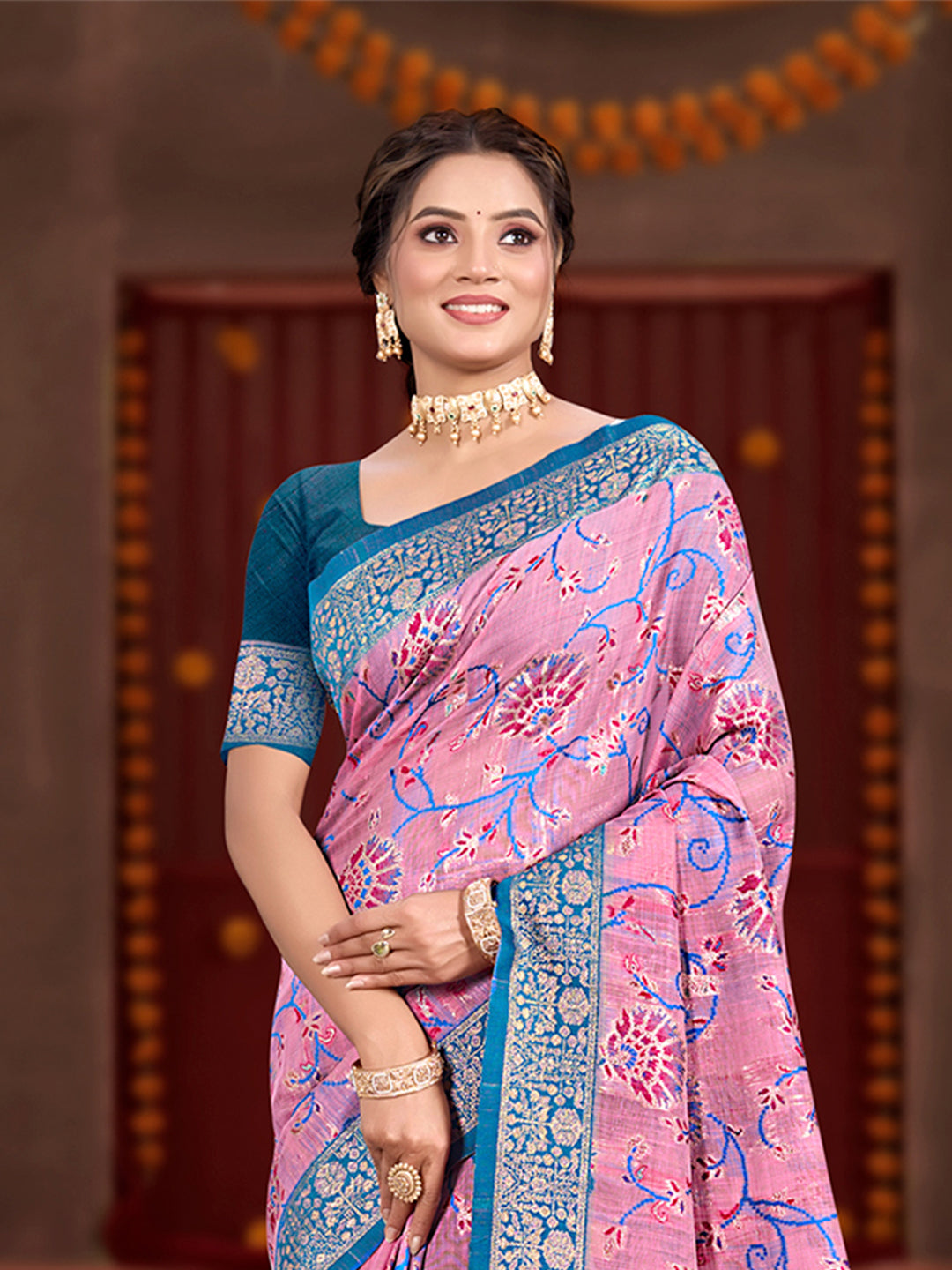 Sangam Prints Pink Cotton Silk With Meena Woven Work Traditional Saree