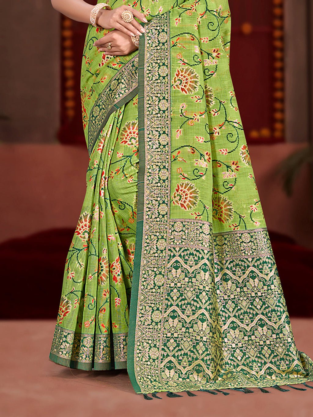 Sangam Prints Green Cotton Silk With Meena Woven Work Traditional Saree