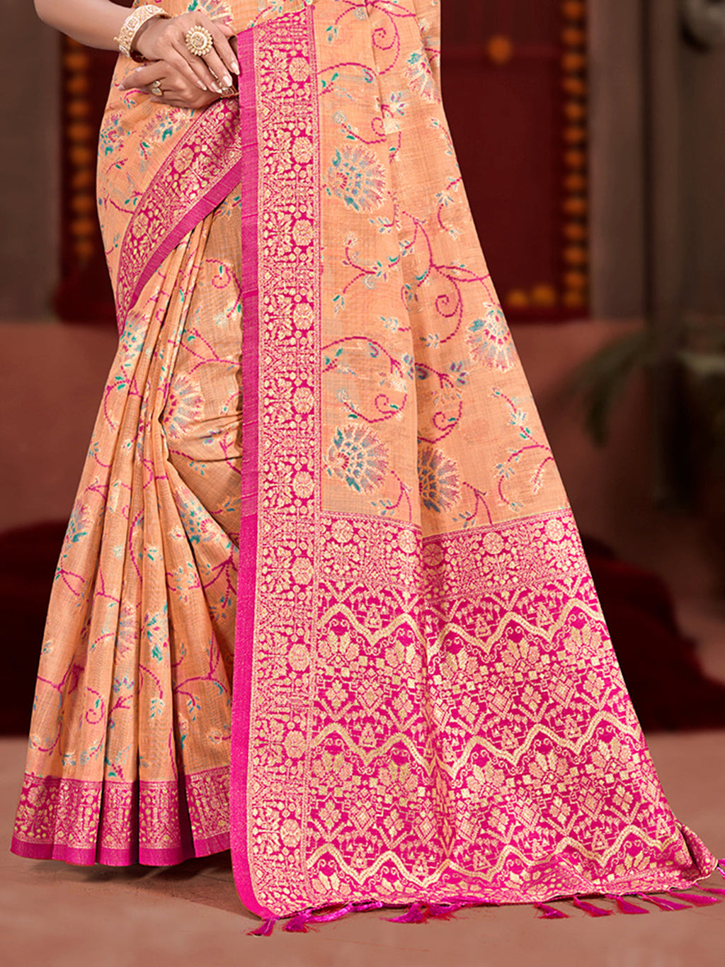 Sangam Prints Peach Cotton Silk With Meena Woven Work Traditional Saree