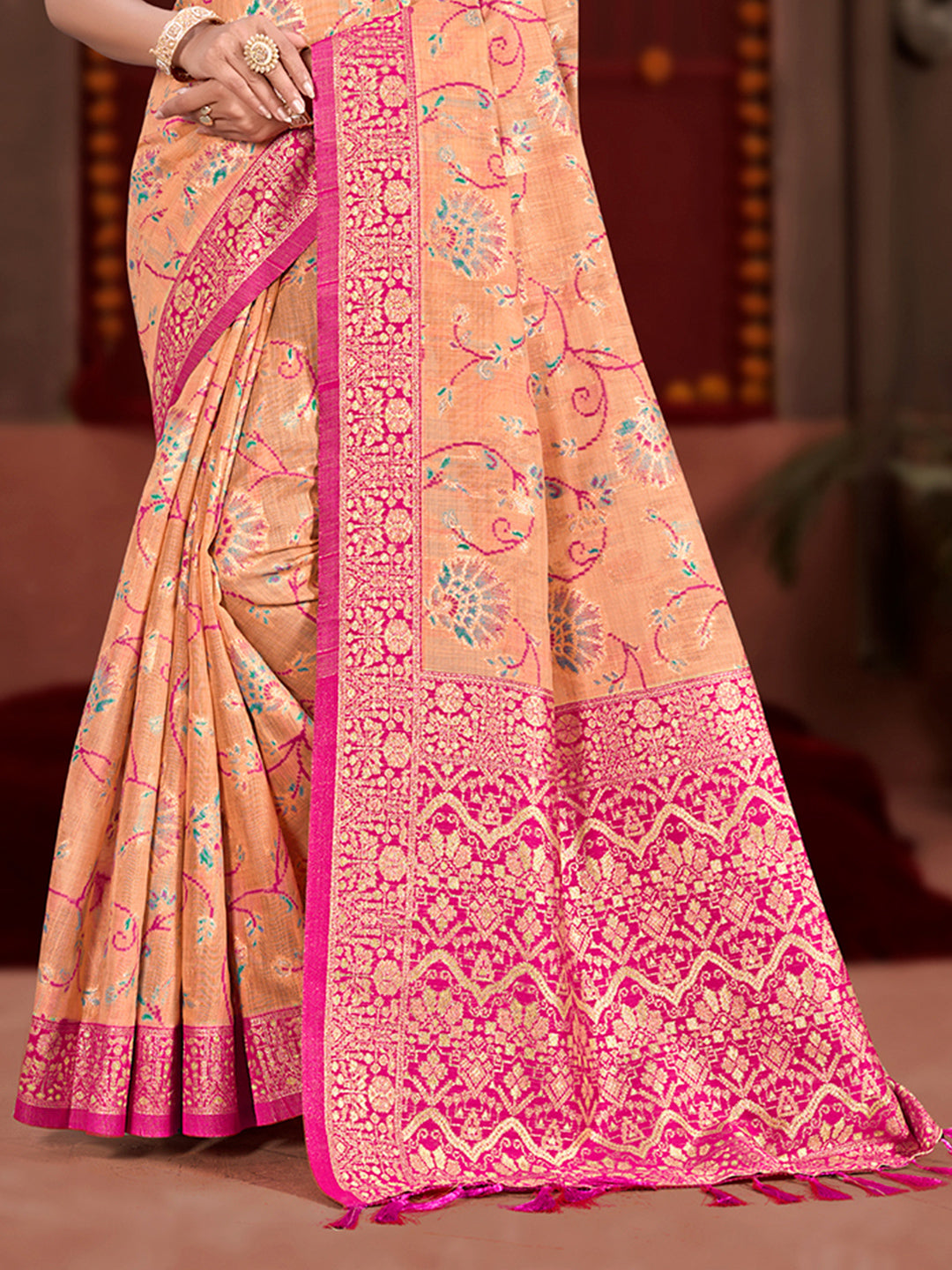 Sangam Prints Peach Cotton Silk With Meena Woven Work Traditional Saree