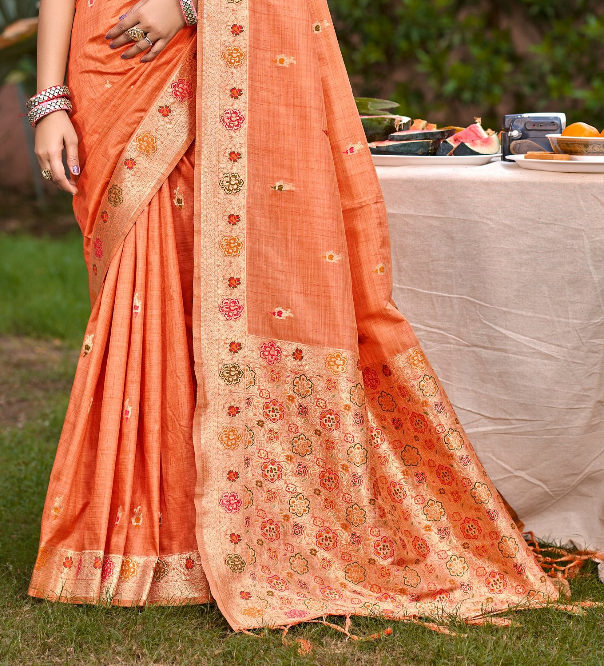 Sangam Prints Orange Heavy Assam Silk Saree With Meena Woven Work Traditional Saree