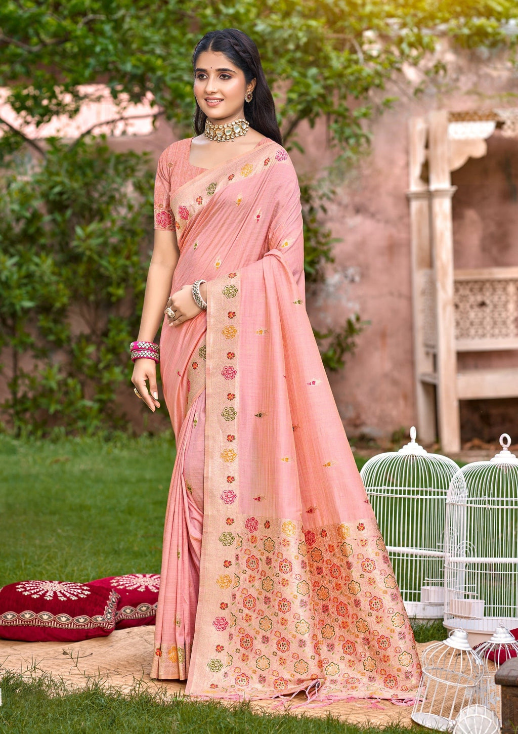 Sangam Prints Peach Heavy Assam Silk Saree With Meena Woven Work Traditional Saree