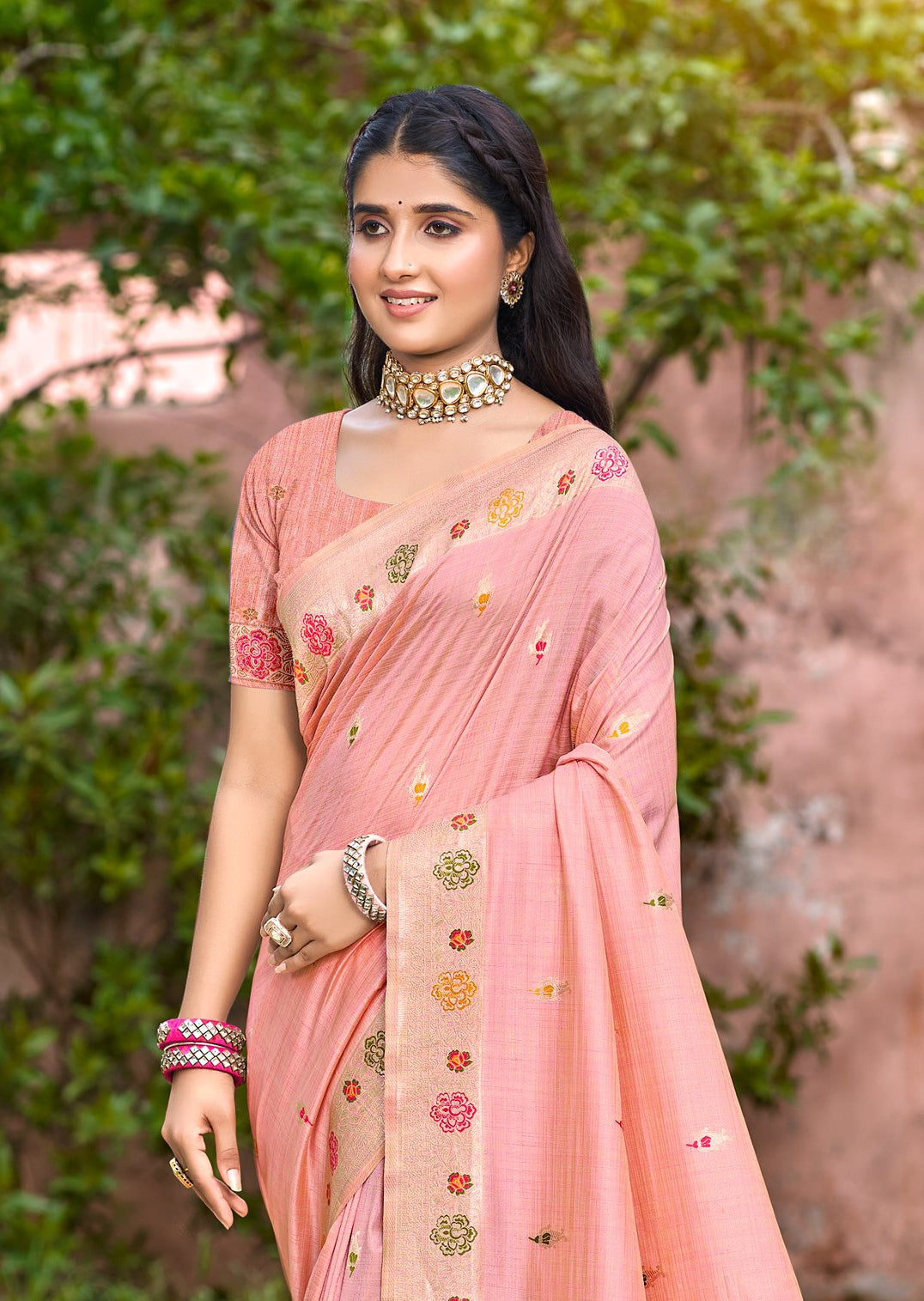 Sangam Prints Peach Heavy Assam Silk Saree With Meena Woven Work Traditional Saree