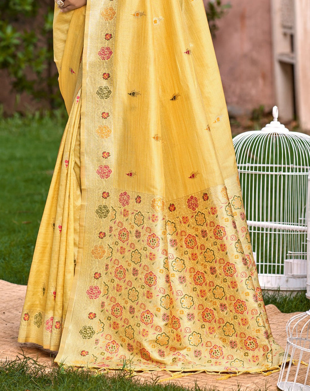 Sangam Prints Yellow Heavy Assam Silk Saree With Meena Woven Work Traditional Saree