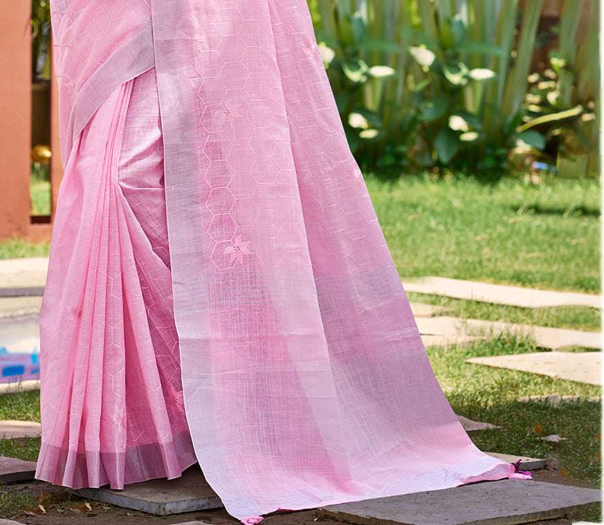 Sangam Prints Pink Linen Woven Work Traditional Saree
