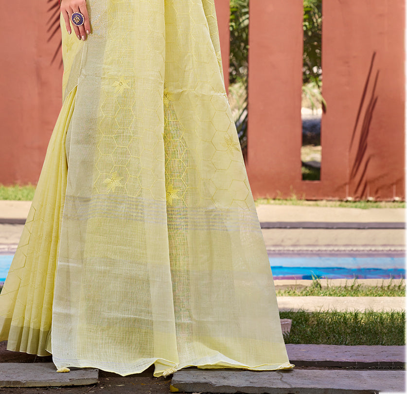 Sangam Prints Yellow Linen Woven Work Traditional Saree