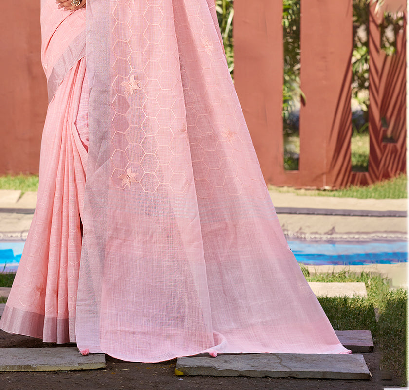 Sangam Prints Pink Linen Woven Work Traditional Saree