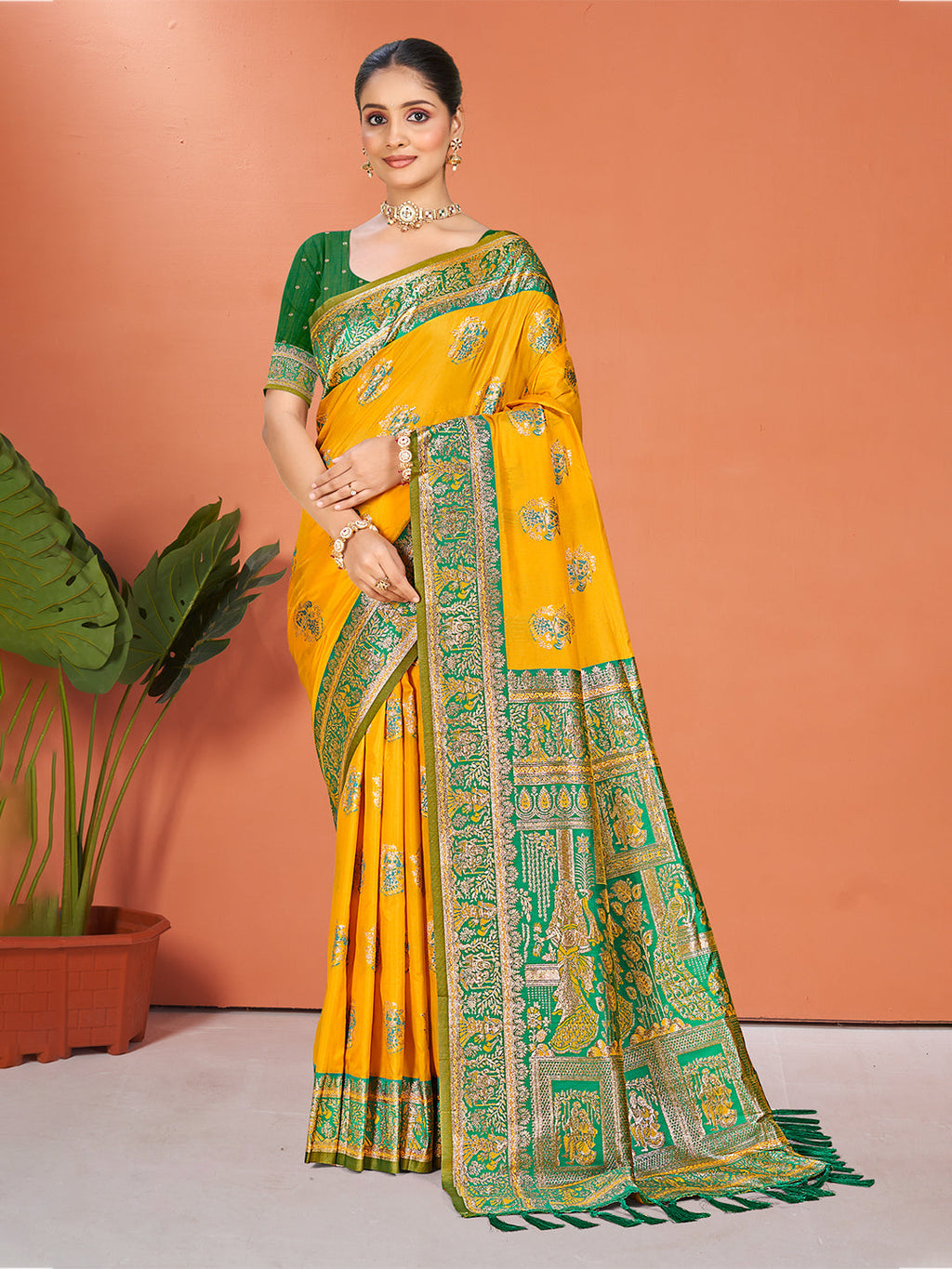 Sangam Prints Yellow Silk Woven Work Traditional Saree