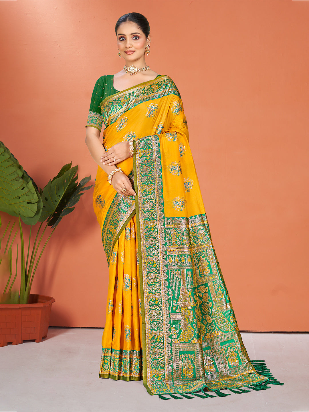 Sangam Prints Yellow Silk Woven Work Traditional Saree