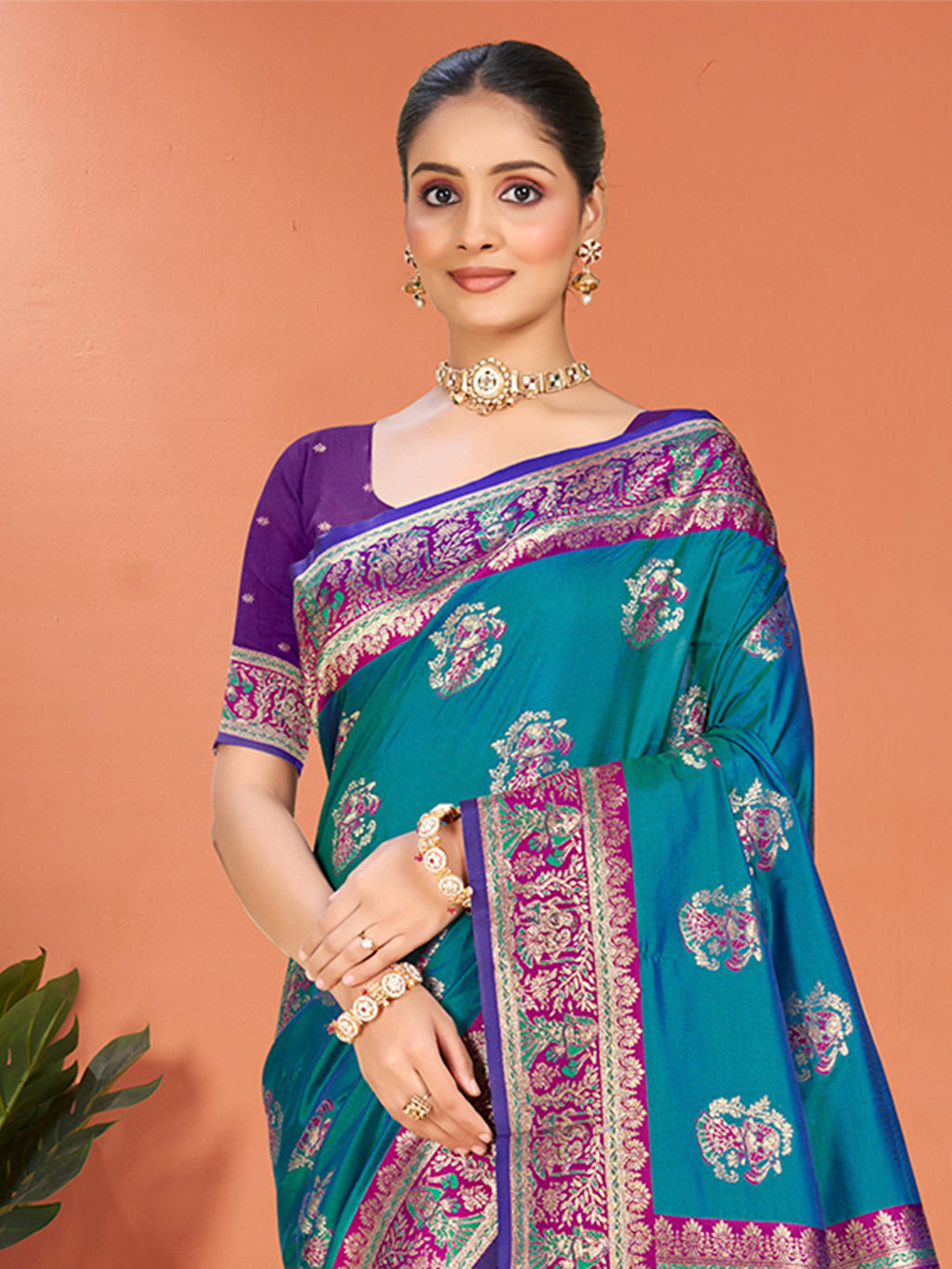 Sangam Prints Teal Blue Silk Woven Work Traditional Saree