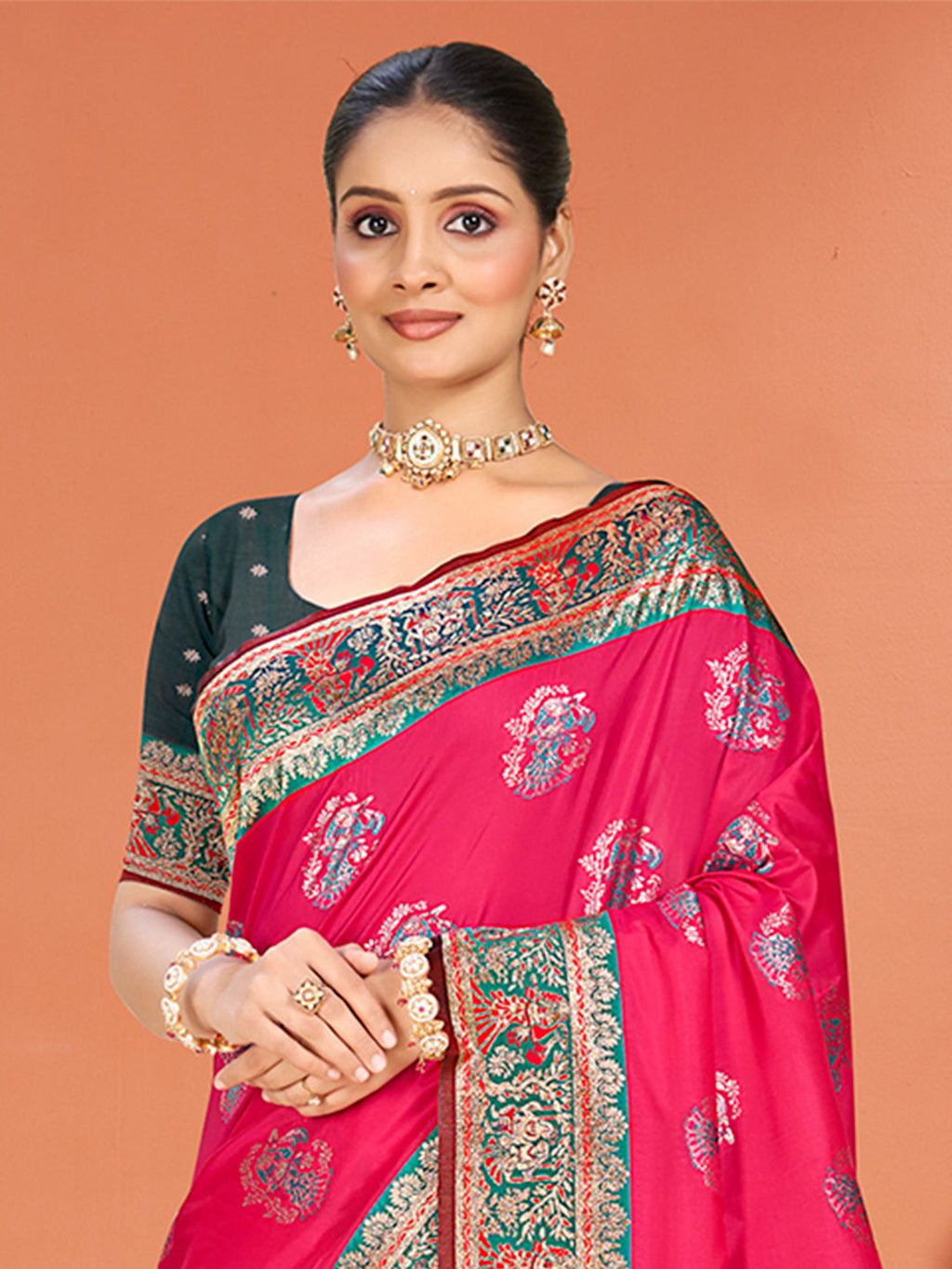 Sangam Prints Rani Pink Silk Woven Work Traditional Saree