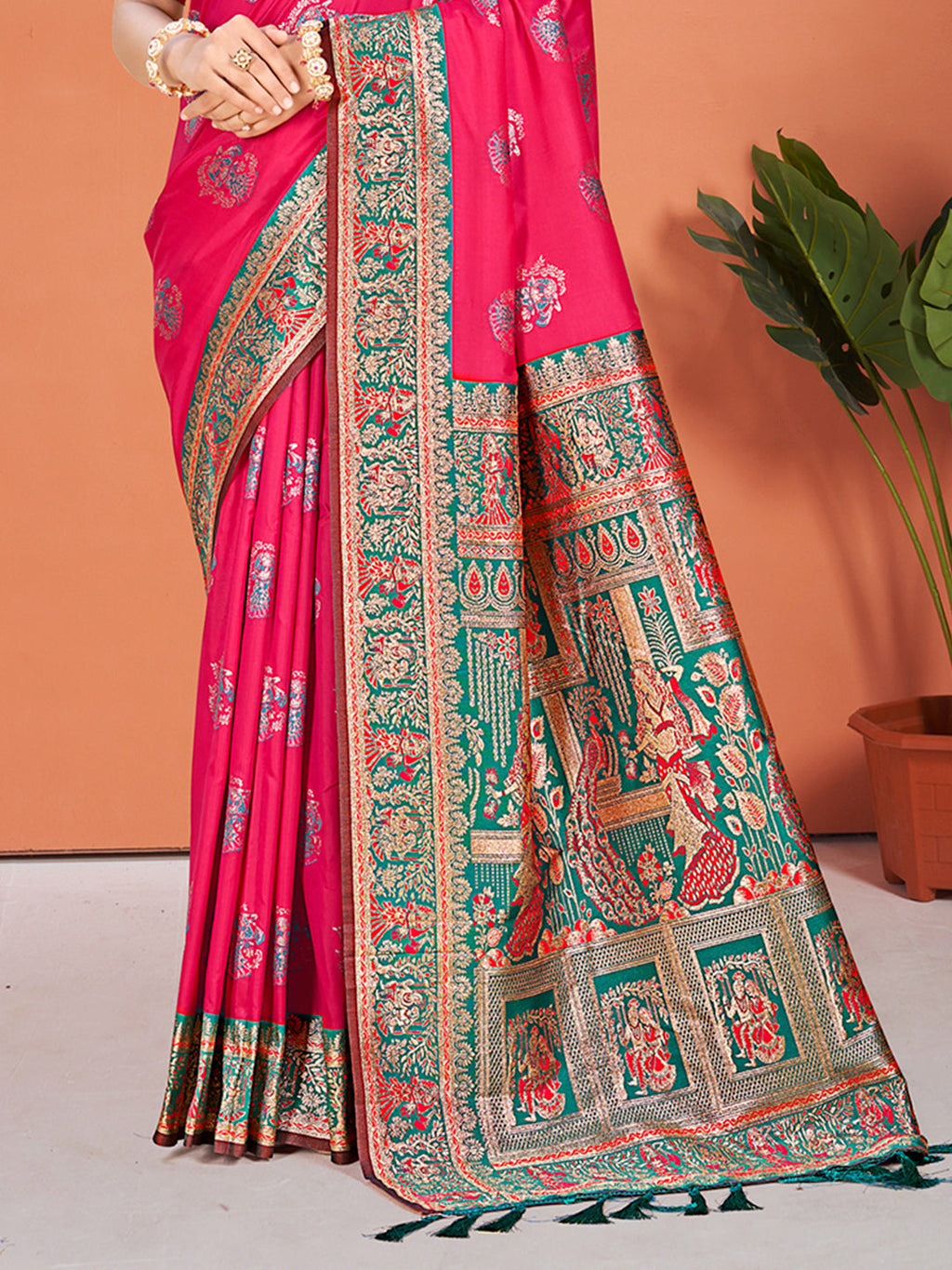 Sangam Prints Rani Pink Silk Woven Work Traditional Saree