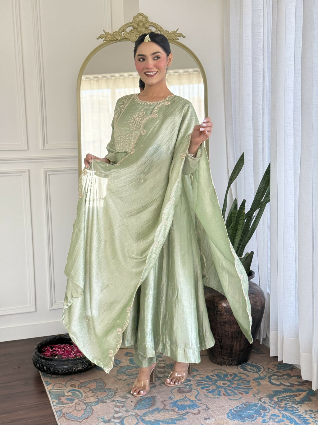 The52 Pista Women's Gorgeous Embroidered Vichitra Silk Fabric Flared Kurta Pant with Dupatta Set