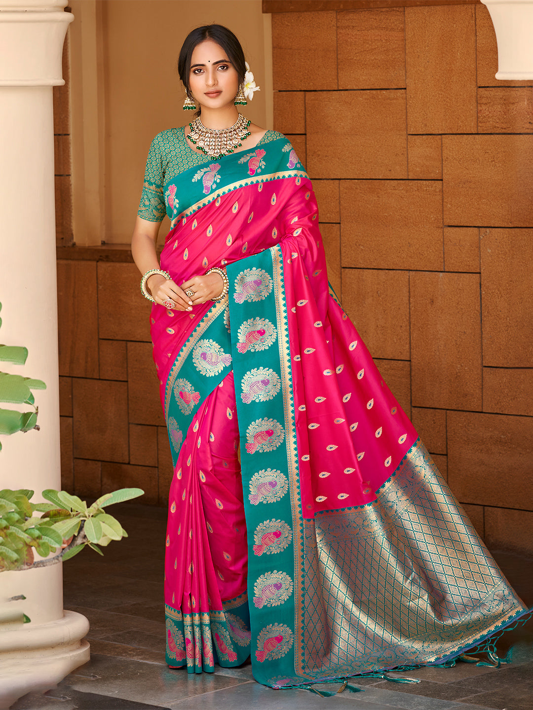 Sangam Prints Dark Pink Silk Woven Work Traditional Saree