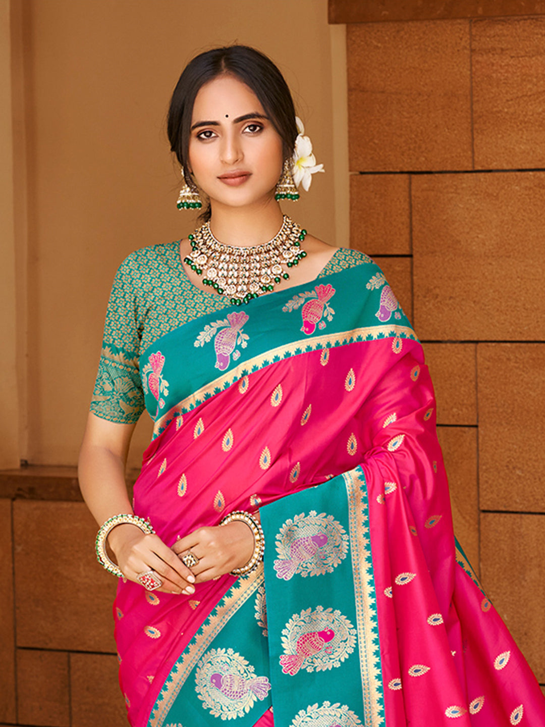 Sangam Prints Dark Pink Silk Woven Work Traditional Saree