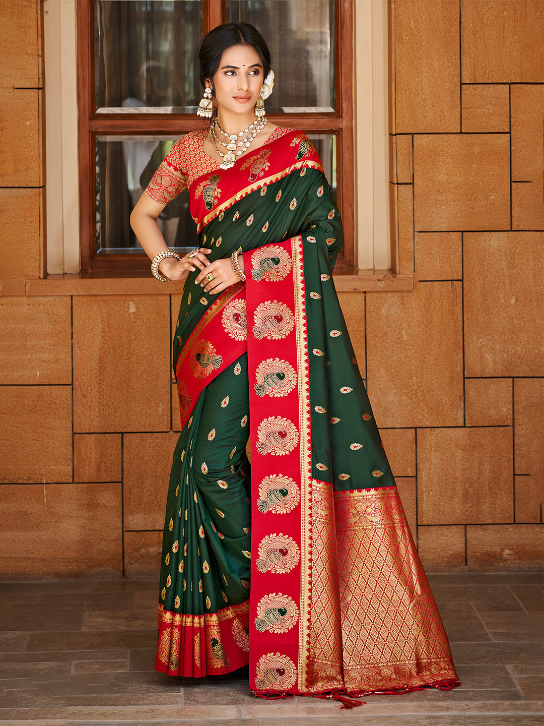 Sangam Prints Dark Green  Silk Woven Work Traditional Saree