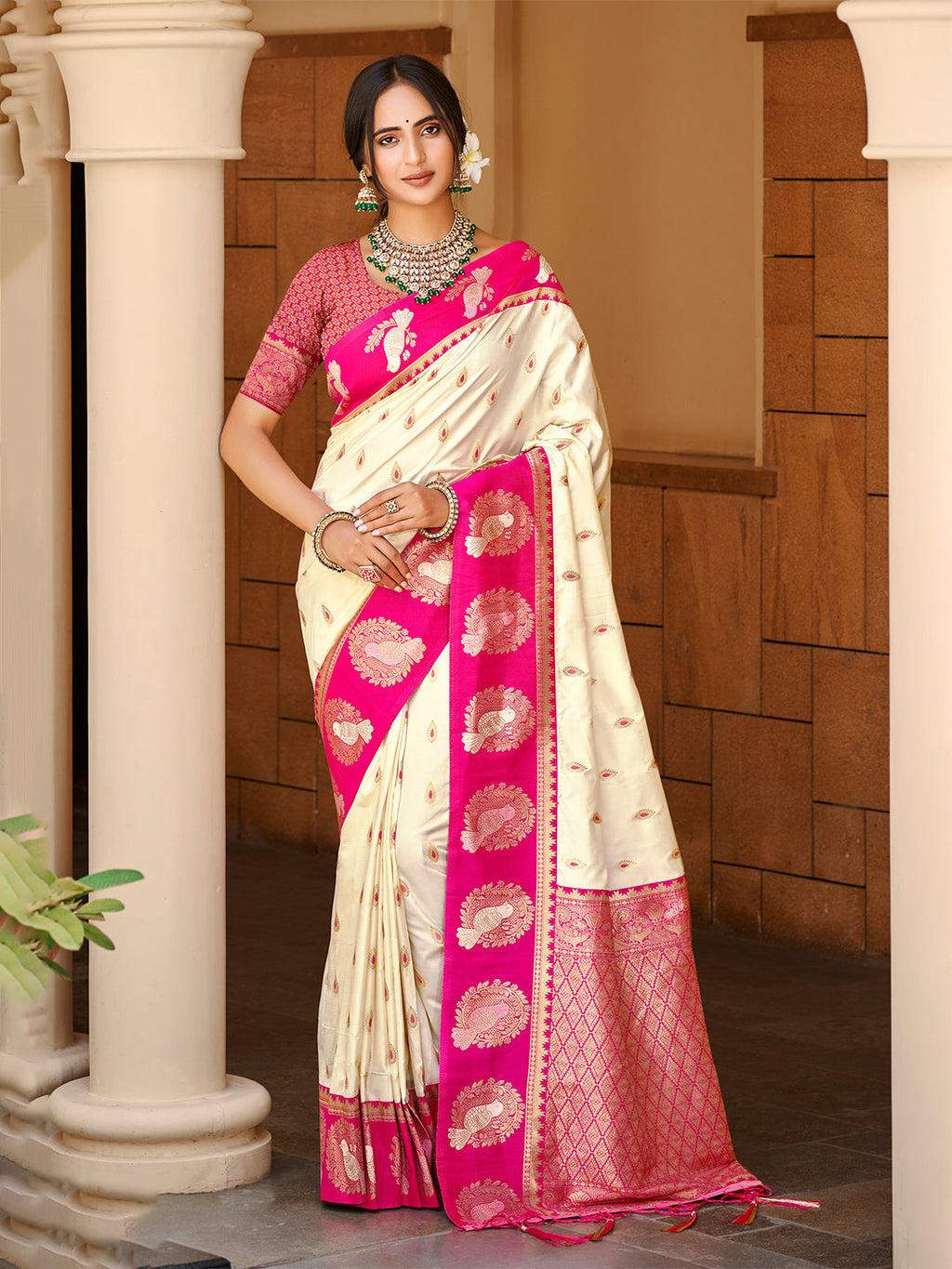 Sangam Prints Beige Silk Woven Work Traditional Saree
