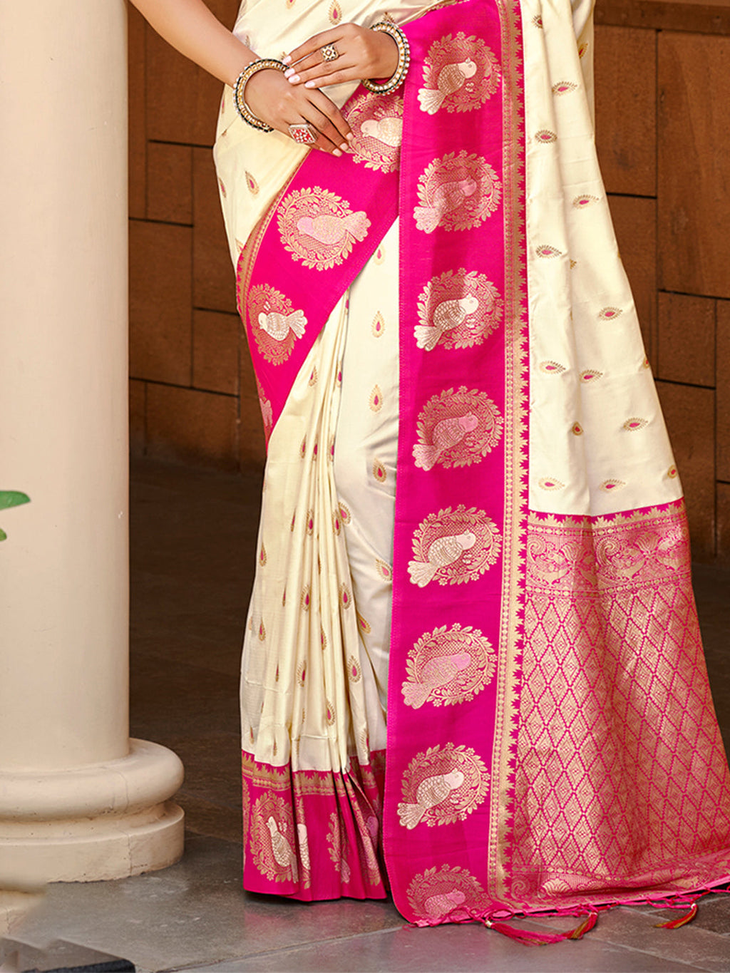Sangam Prints Beige Silk Woven Work Traditional Saree