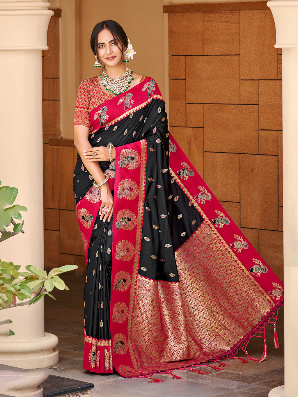 Sangam Prints Black Silk Woven Work Traditional Saree