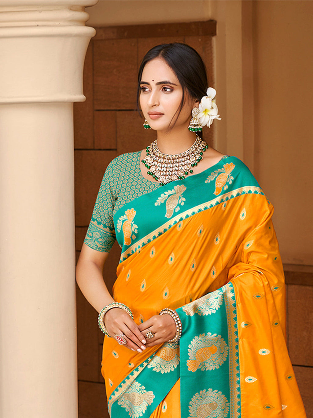 Sangam Prints Yellow Silk Woven Work Traditional Saree