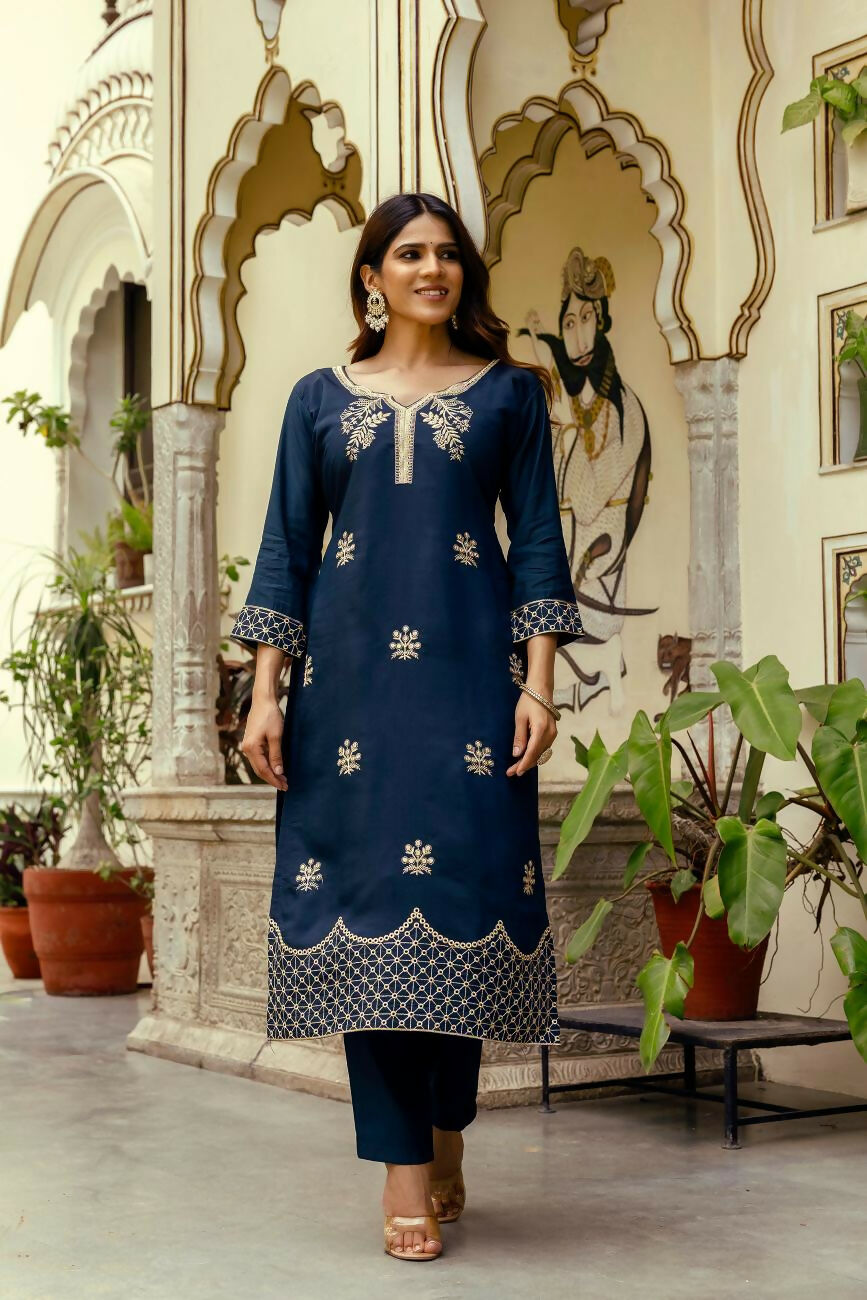 The52 Navy Blue Women's Beautiful Viscose Chanderi Fabric Thread Work Straight Kurta Pant and Dupatta Set
