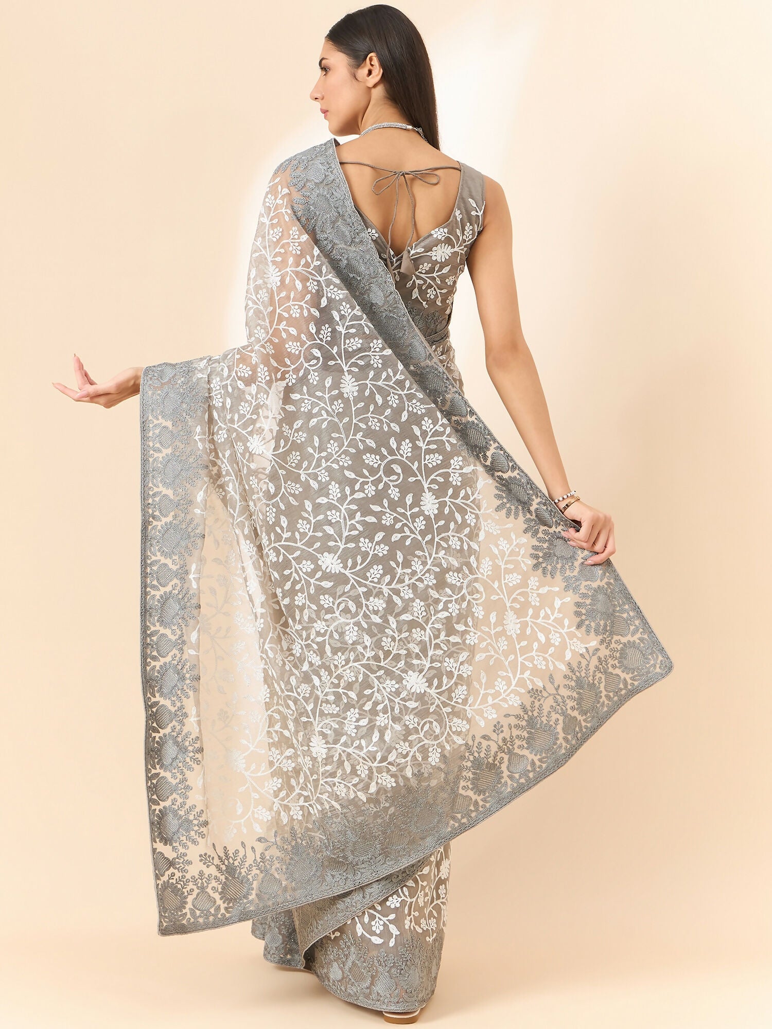 Grey Organza Floral Embroidered Saree with Unstitched Blouse Piece - Roozal