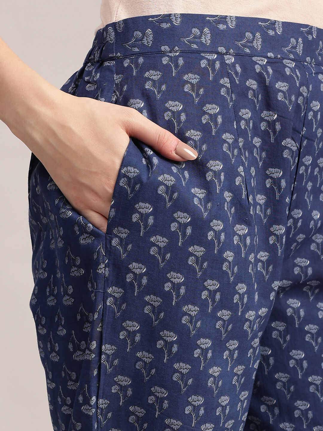 Aavyora Women's Floral Printed Indigo Blue Cotton Straight Kurta With Trouser & Dupatta