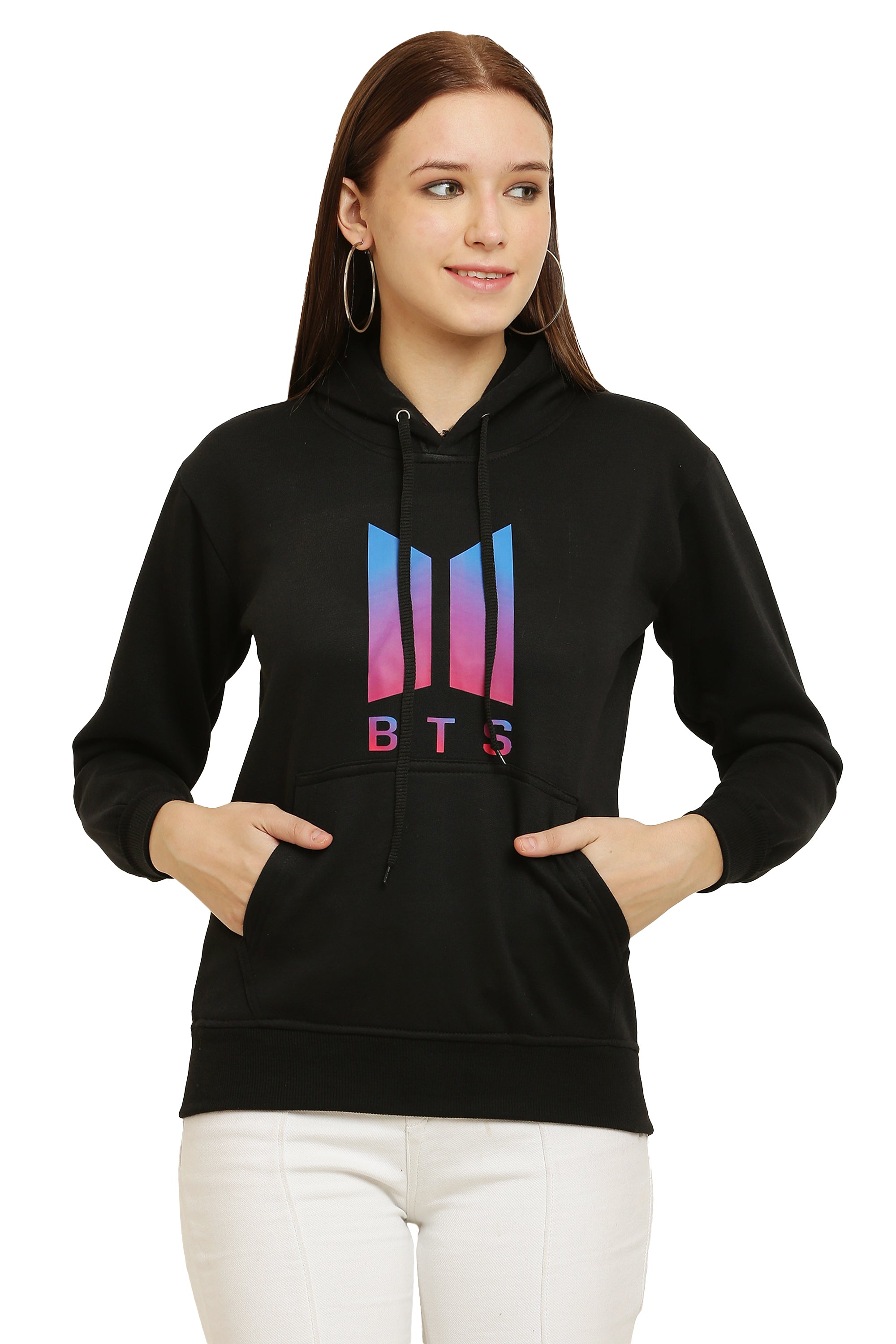 PAVONINE Black Color Bts-Design Pullover Hoodie Sweatshirt For Girls