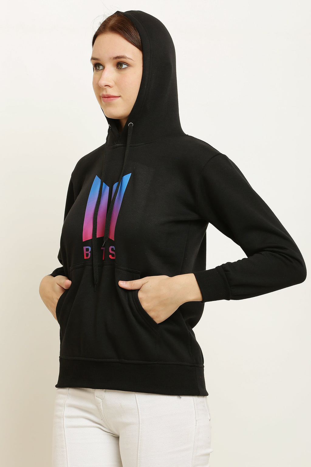 PAVONINE Black Color Bts-Design Pullover Hoodie Sweatshirt For Girls