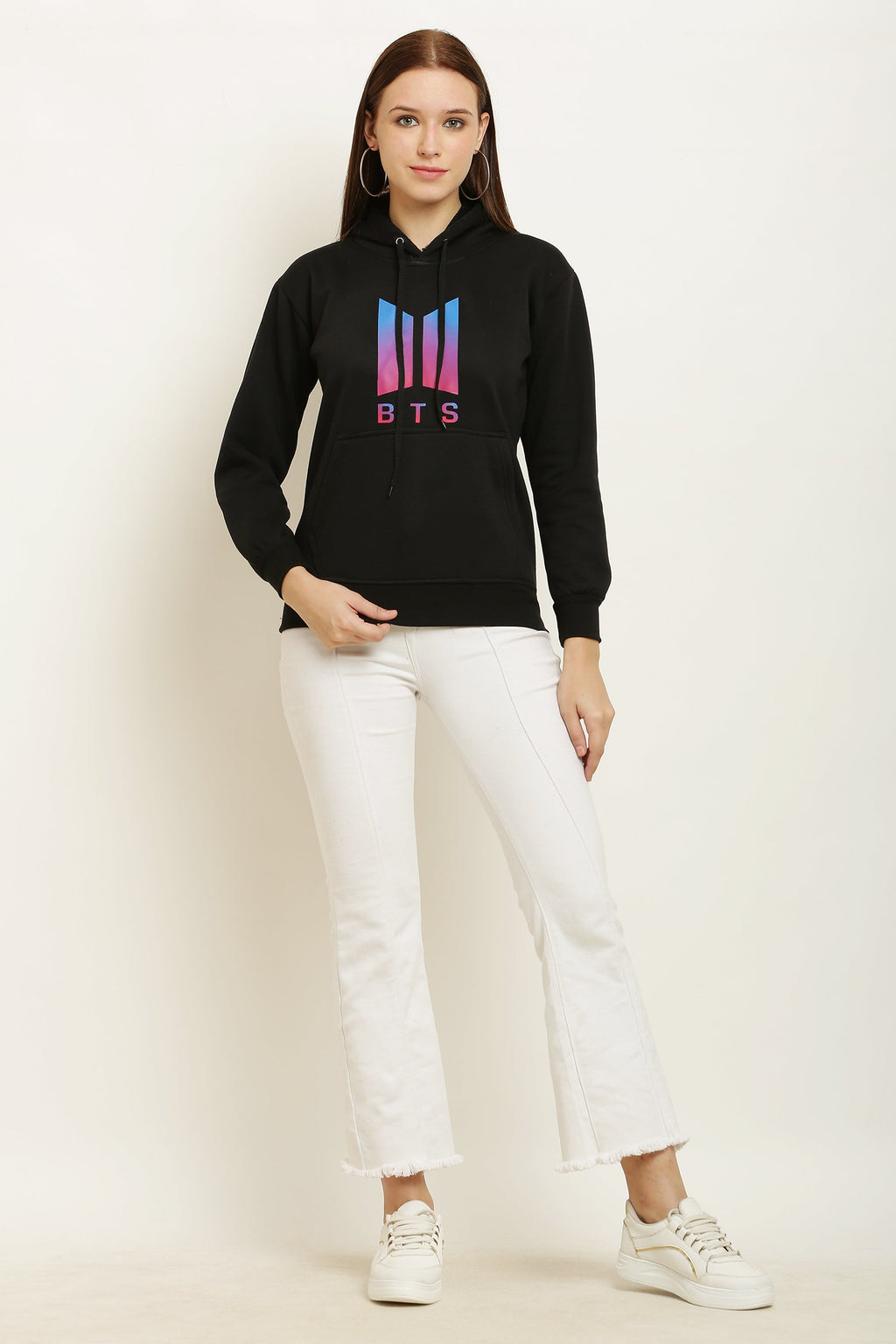 PAVONINE Black Color Bts-Design Pullover Hoodie Sweatshirt For Girls