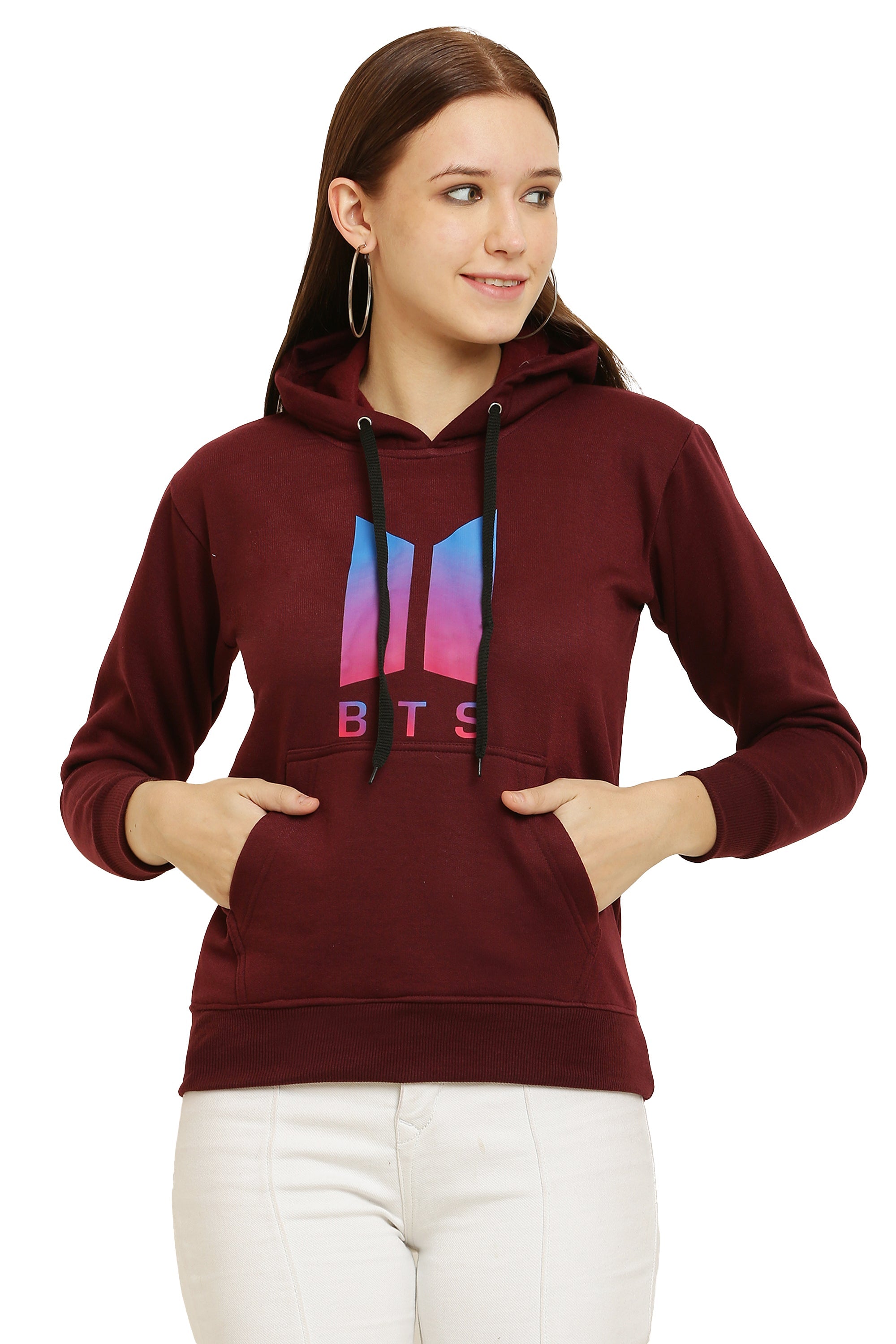 PAVONINE Maroon Color Bts-Design Pullover Hoodie Sweatshirt For Girls