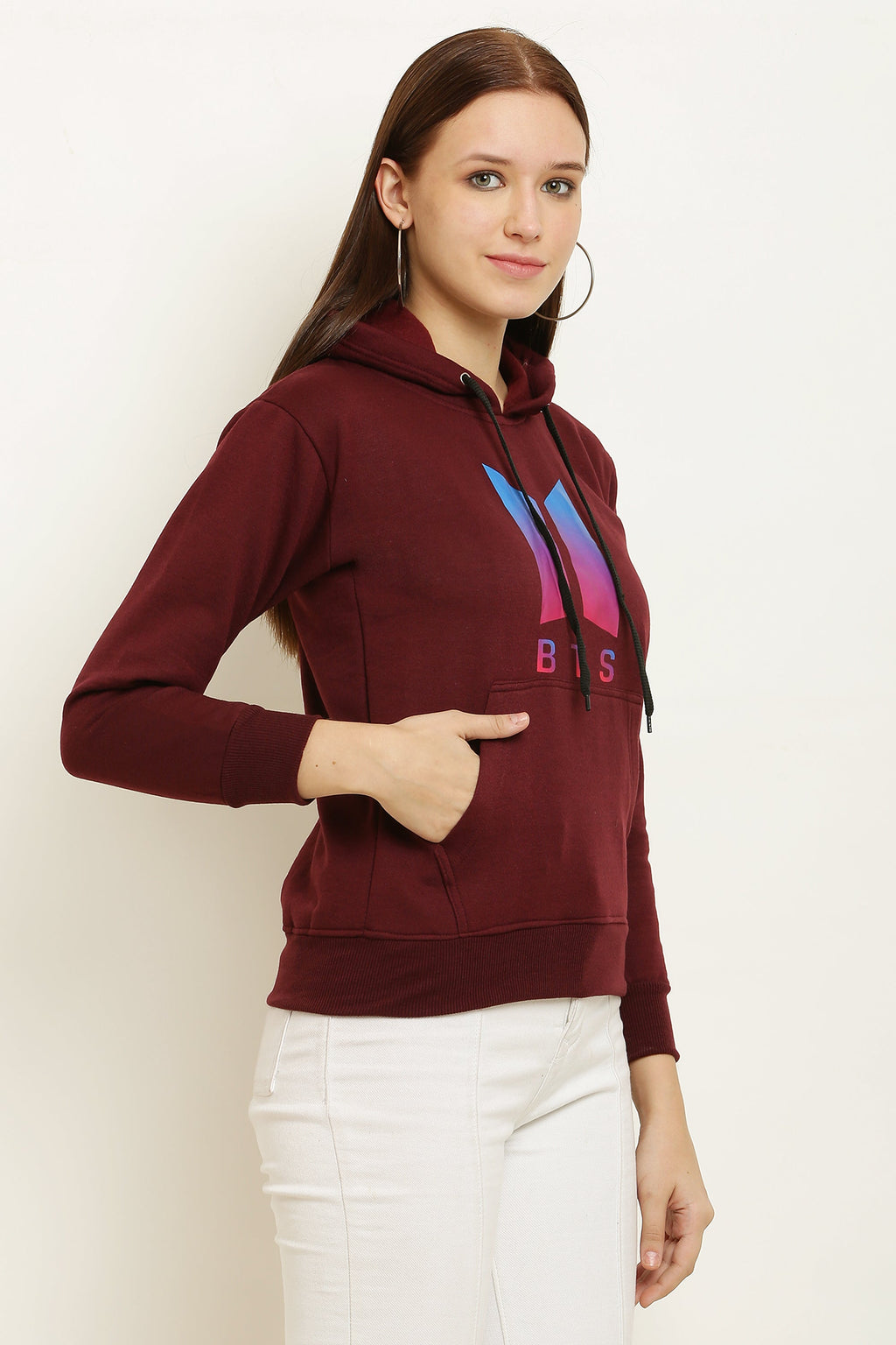 PAVONINE Maroon Color Bts-Design Pullover Hoodie Sweatshirt For Girls