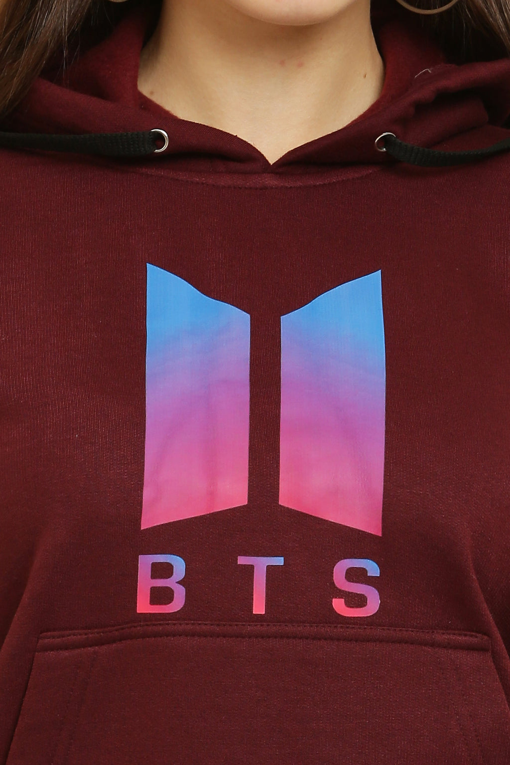 PAVONINE Maroon Color Bts-Design Pullover Hoodie Sweatshirt For Girls