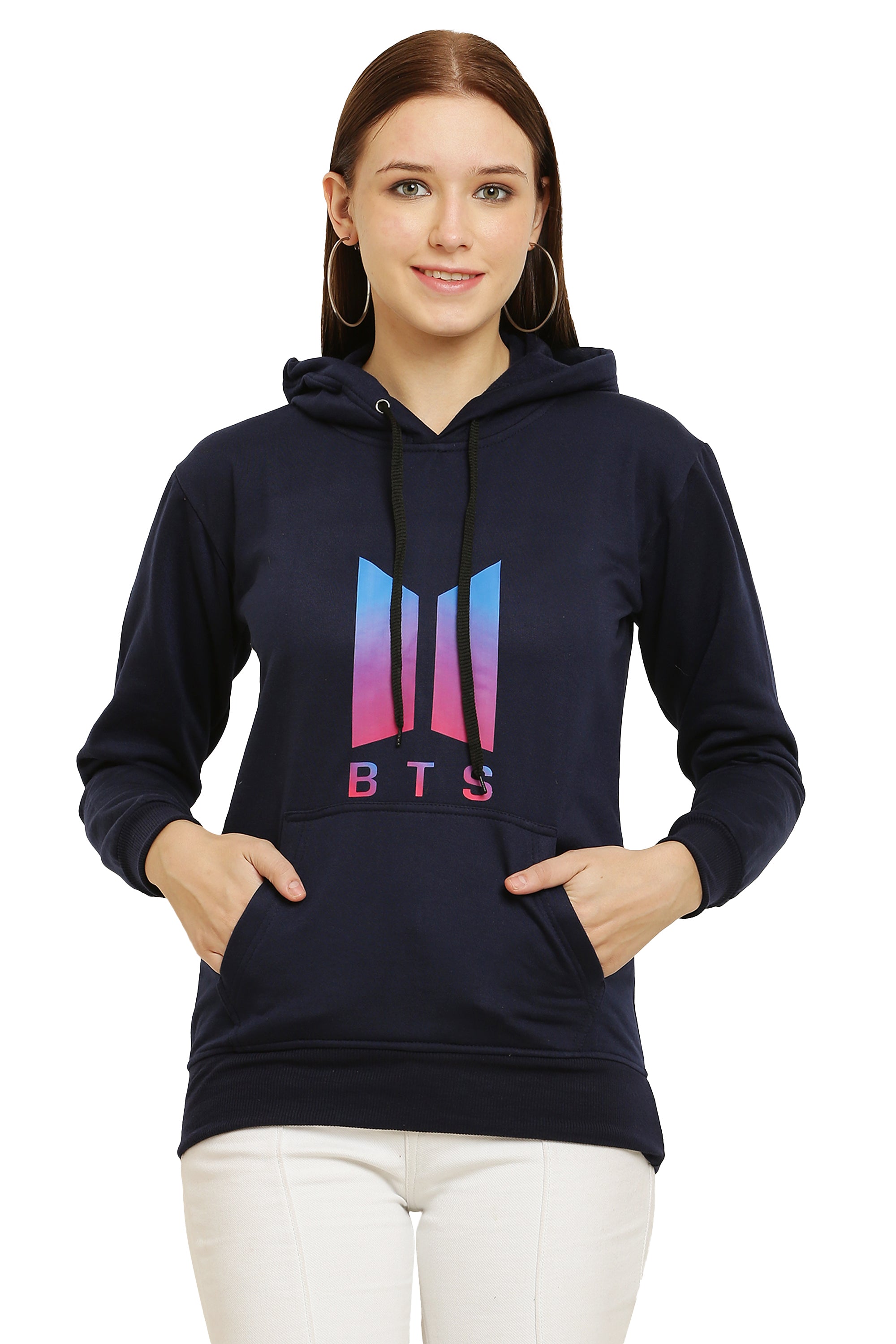 PAVONINE Navy Blue Color Bts-Design Pullover Hoodie Sweatshirt For Girls