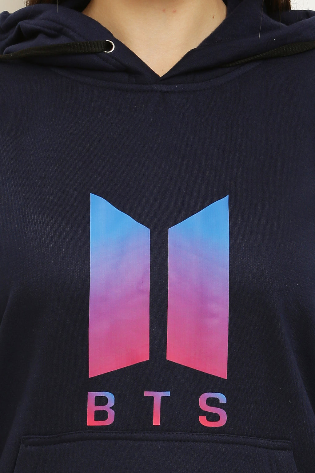 PAVONINE Navy Blue Color Bts-Design Pullover Hoodie Sweatshirt For Girls