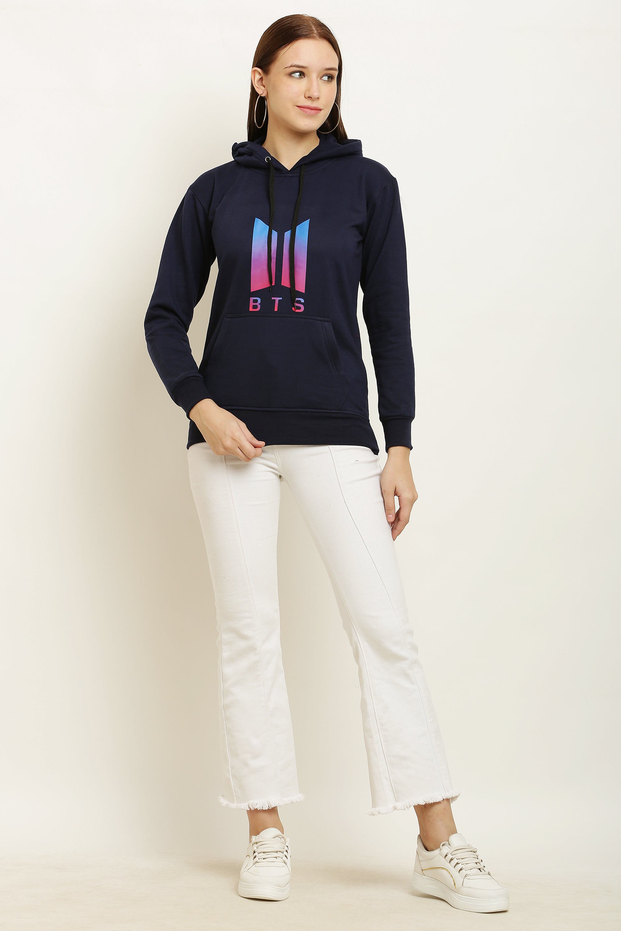 PAVONINE Navy Blue Color Bts-Design Pullover Hoodie Sweatshirt For Girls