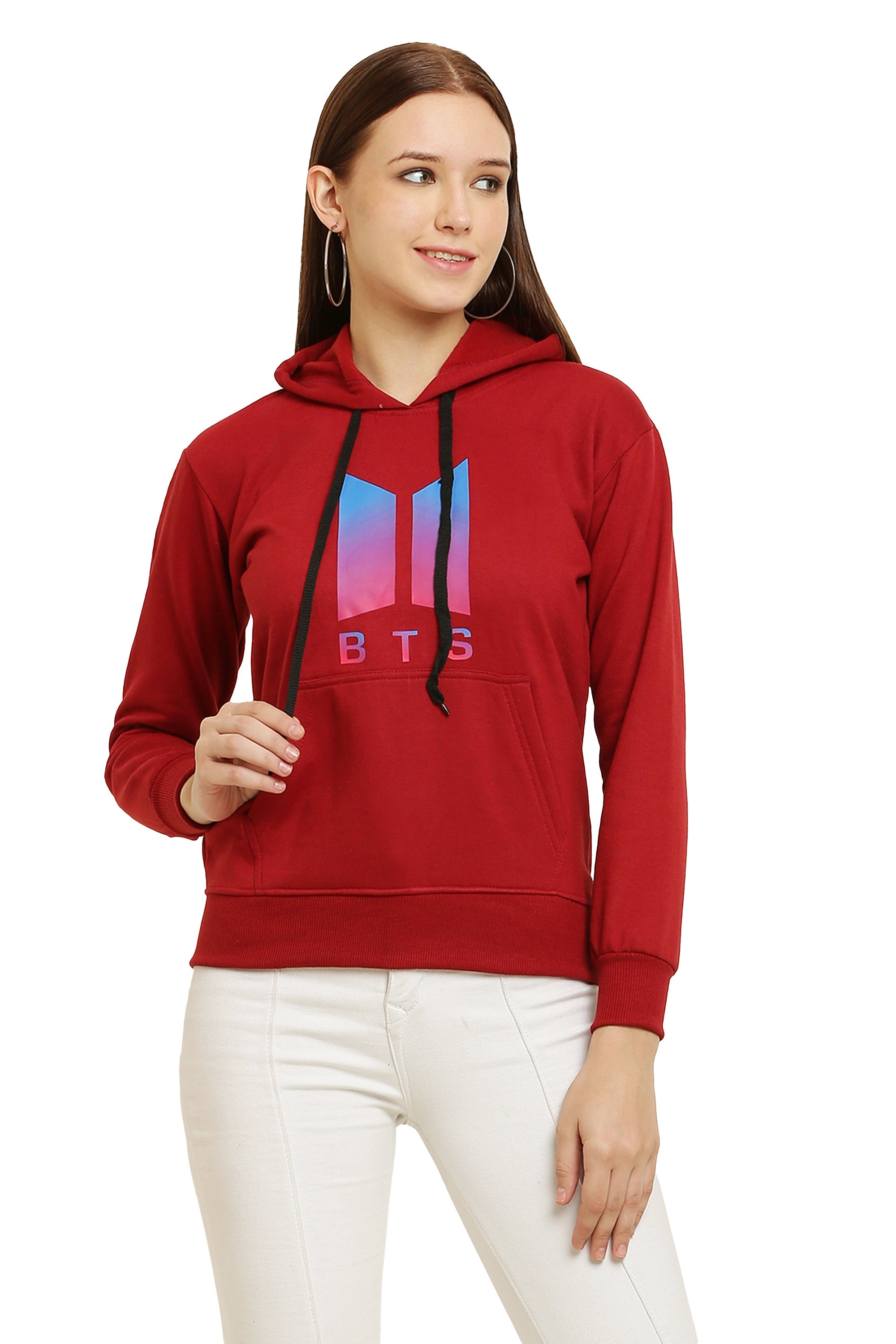 PAVONINE Red Color Bts-Design Pullover Hoodie Sweatshirt For Girls
