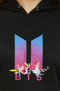 PAVONINE Black Color Bts Flower-Design Pullover Hoodie Sweatshirt For Girls