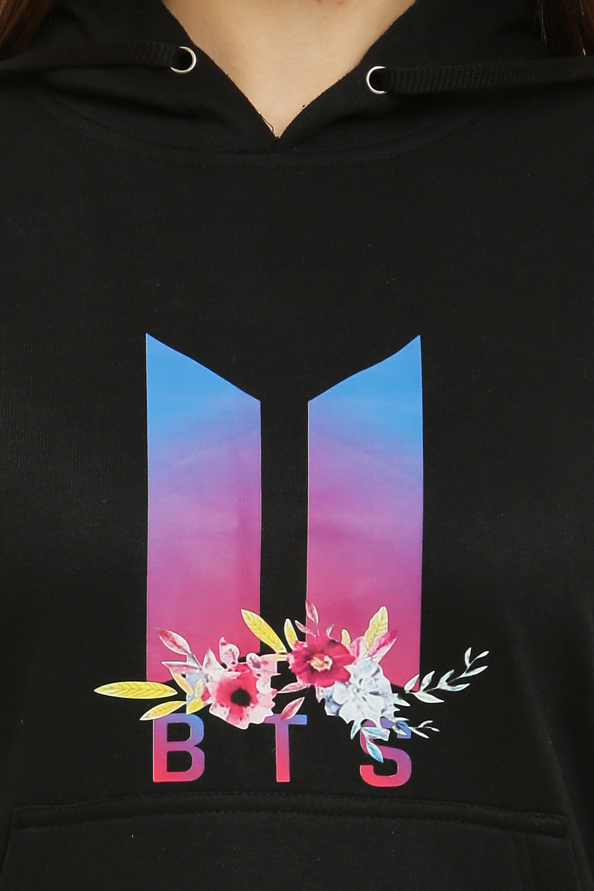 PAVONINE Black Color Bts Flower-Design Pullover Hoodie Sweatshirt For Girls
