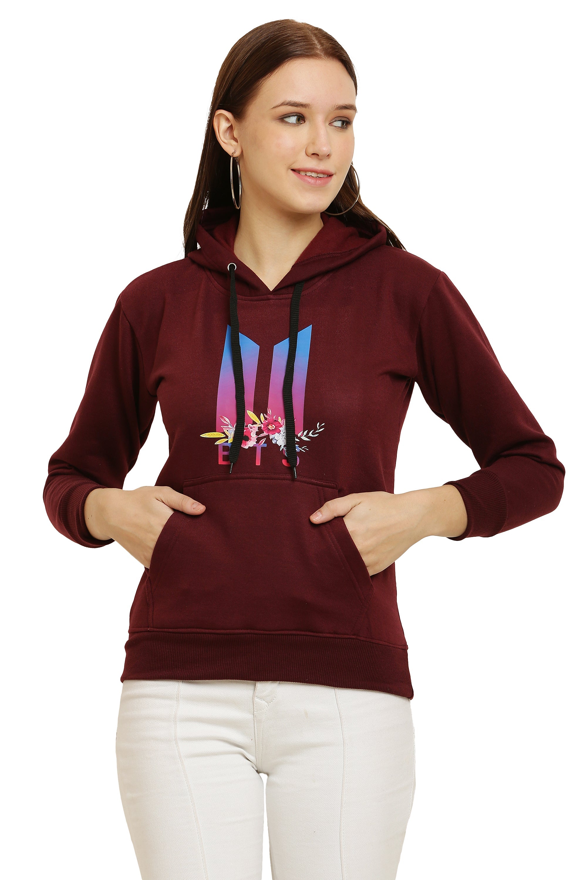 PAVONINE Maroon Color Bts Flower-Design Pullover Hoodie Sweatshirt For Girls