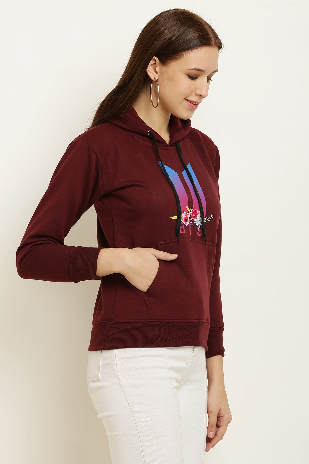 PAVONINE Maroon Color Bts Flower-Design Pullover Hoodie Sweatshirt For Girls
