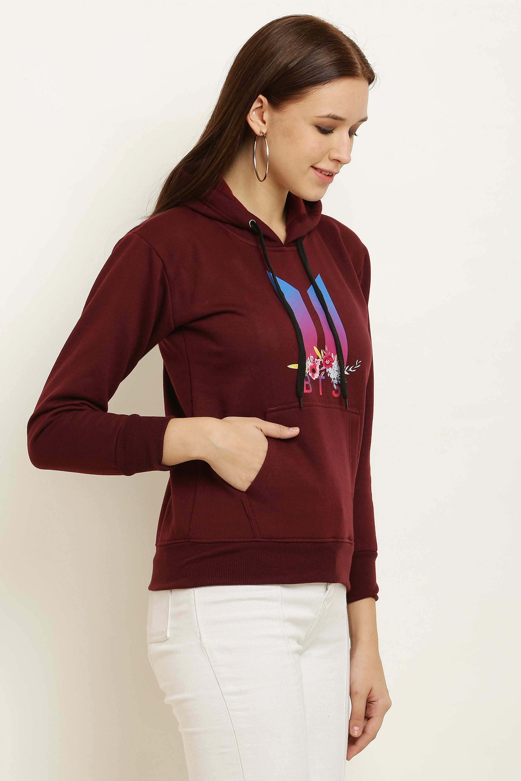 PAVONINE Maroon Color Bts Flower-Design Pullover Hoodie Sweatshirt For Girls